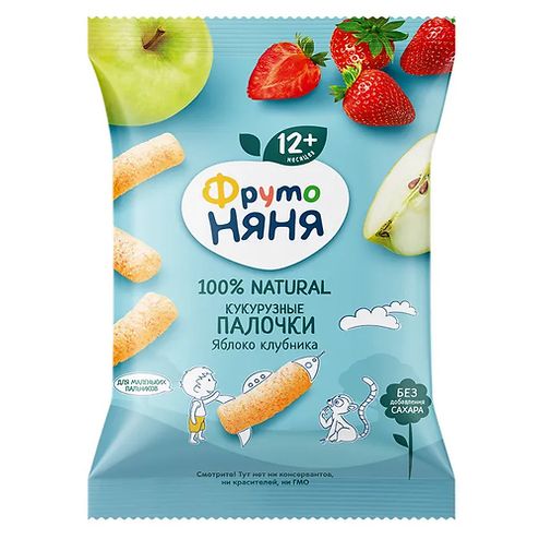 ФрутоНяня /20 гр/ Палочки кукурузные с яблоком и клубникой для питания детей раннего возраста